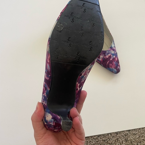 Easy Street Blue & Purple Watercolor Floral Pointed Toe Comfort Kitten Heels - Picture 4 of 9